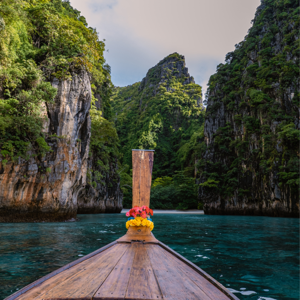 Long Tail Boat in a Lagoon in Krabi Province 