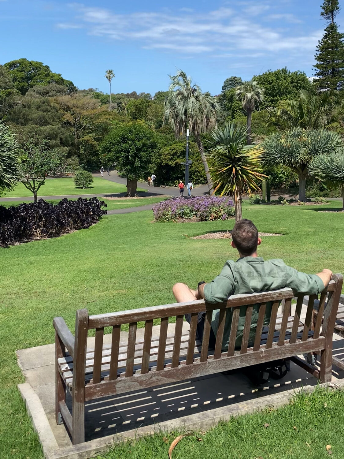 Daniel sitting on bench in Royal Botanic Garden in Sydney